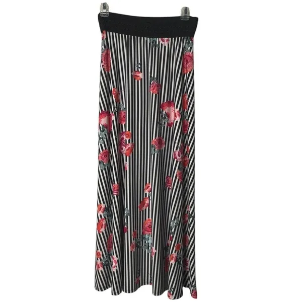Maximalist Black White Striped Maxi Skirt Womens S Pink Floral Flowy Retro Flare - Image 4