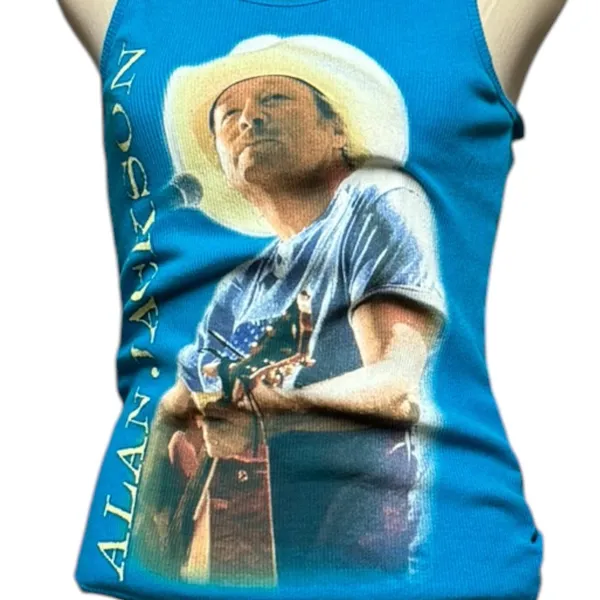 Alan Jackson Vintage 90s Country Music Concert Ribbed Tank Top Blue Large - Image 2