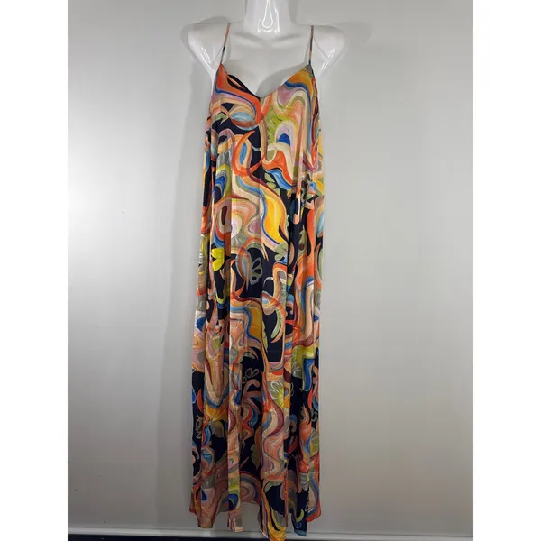 Nicole Miller New York‎ Abstract Swirl Print V-Neck Maxi Dress Multicolor M NWT - Image 2