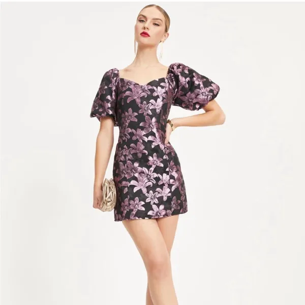 Finer Things In Life Floral Puff Sleeve Mini Dress Purple and black metallic - Image 2