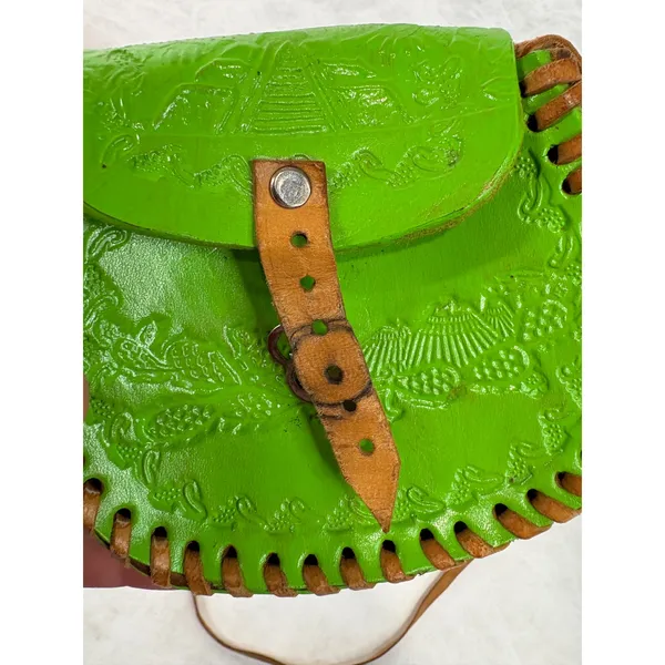 Vintage Mexican Tooled Leather Crossbody Bag Lime Green Whipstitch Boho Mini - Image 8