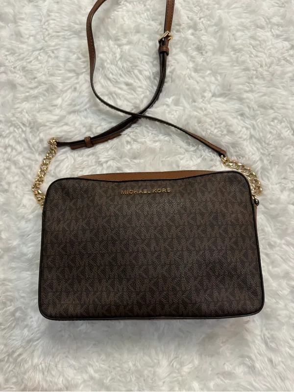 Michael Kors Brown MK Monogram Crossbody with Gold Chain - Image 12