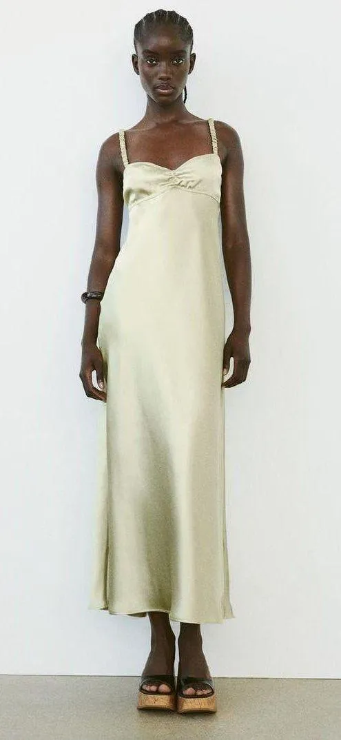 Dress Lime Green Satin Effect Maxi Midi Wedding Party Date Coctail - Image 4