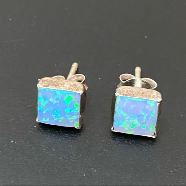 925 Sterling Silver Blue Opal Square Small Stud Earrings - Image 4