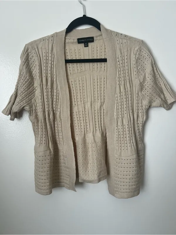Open-Front Short-Sleeve Cardigan in Beige - Image 2