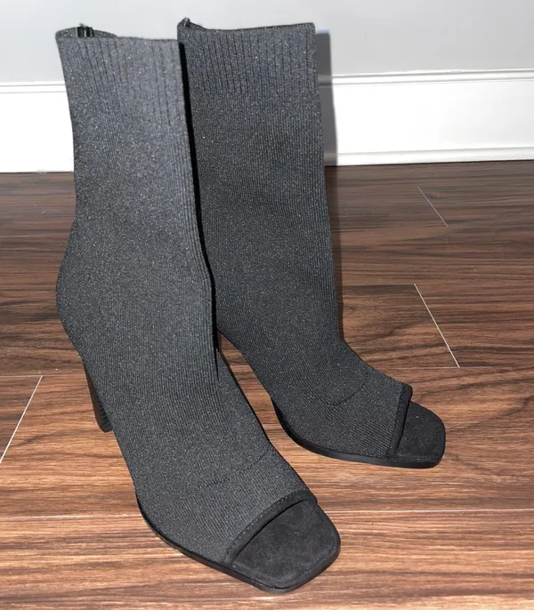 Black Knit Peep-toe Sock Boots - Image 5