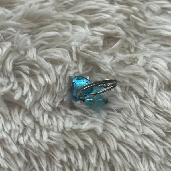 Silver Blue Beaded Ring Fashion Jewelry Iridescent Artisan Made - Image 2