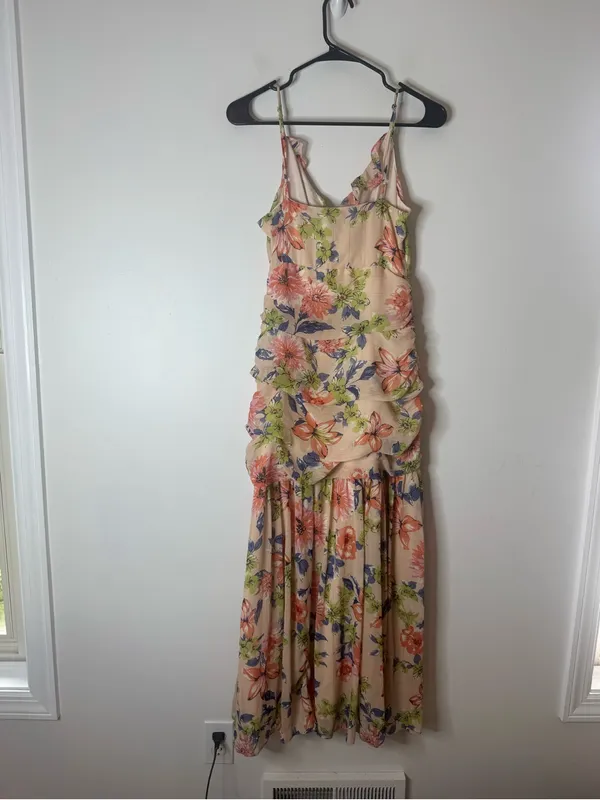Lulus Stunning Soiree Blush Pink Floral Print Ruched Midi Dress small - Image 5