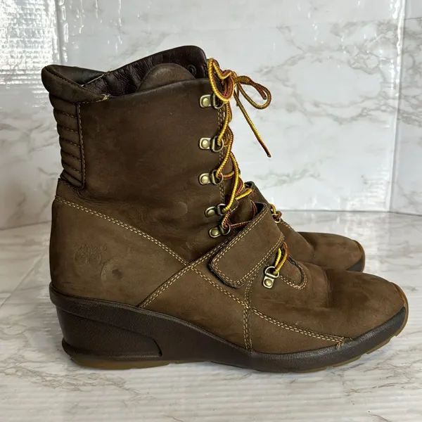 Timberland Brown Nubuck Leather Lace Up Wedge Boots size 9.5‎ - Image 5