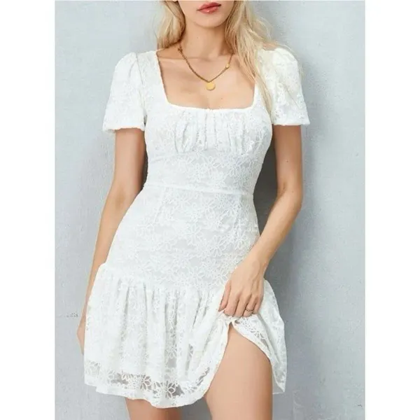 Commense NWT Women Small White Lace Open Back Mini Dress Summer Cottage Coquette - Image 2