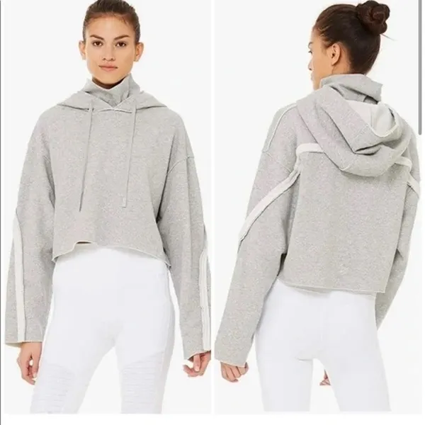 Alo Yoga Effortless Gray Cropped Hoodie heathered grey size small - Image 2