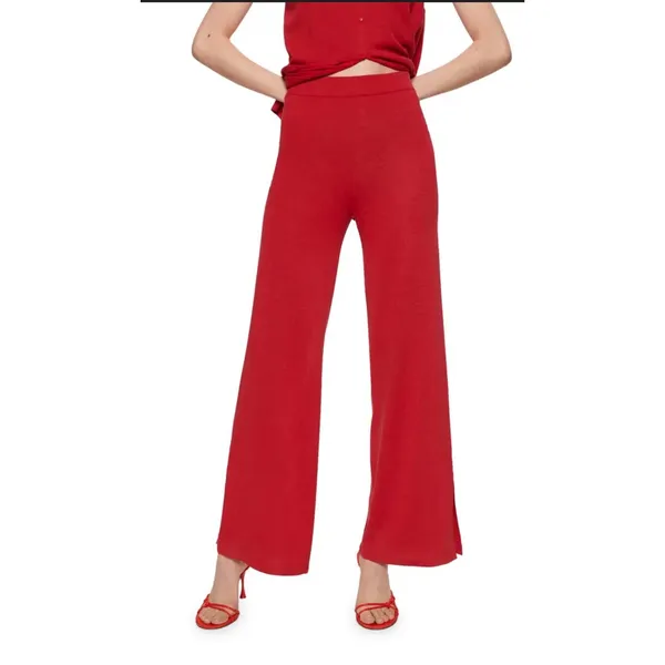 Mango Berries Red Wide Leg Knit Trousers High Rise Side Slit Pants XL‎ NEW - Image 3