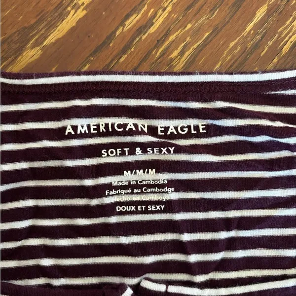 American Eagle Soft & Sexy Maroon Stripe Long Sleeve V Neck Top Medium - Image 2