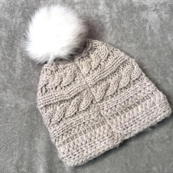 L.L.Bean Cable Knit Pom Beanie Hat One Size Unisex Adult Taupe Faux Fur 505452 - Image 3