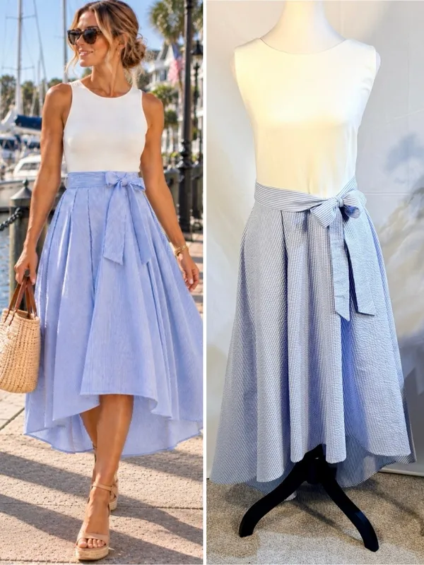💥NWT Hutch Blue White Seersucker Stretch Knit Tie Waist Midi Dress Sz 4🧡 - Image 2