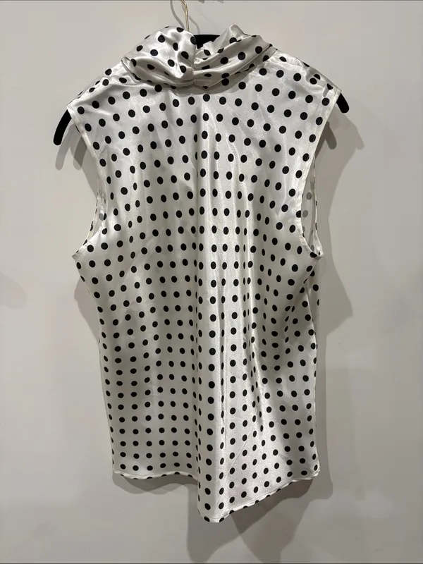 Nine West Black and White Polka Dot Satin Blouse with Tie Neck Size L - Image 4