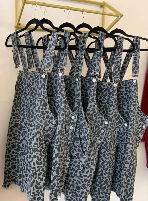 Snow Leopard Print Denim Overalls Mini Dress Multi Size 1X - Image 6