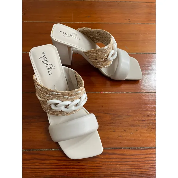 Naked Feet Propriety Raffia Chain Block Heel Sandals Womens 7.5 Ivory - Image 4
