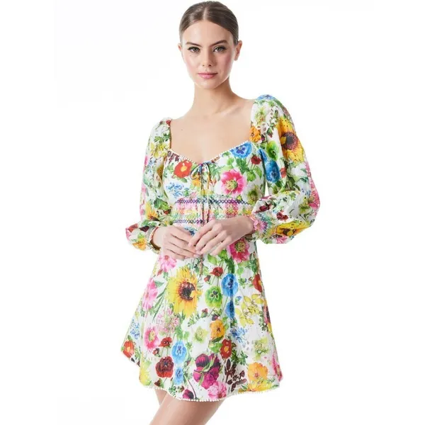 ALICE + OLIVIA Crawford Sweetheart Mini Dress Floral Puff Sleeves Lace Up Size 0 - Image 4