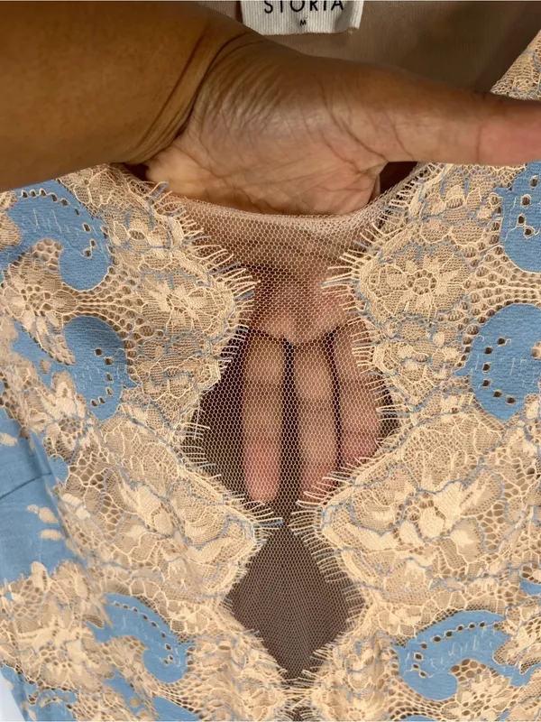 Storia Blue & Beige Floral Lace Illusion Mini Dress Size M - Image 5