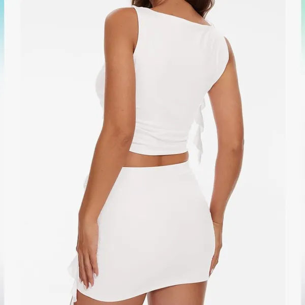 Amazon White Two-Piece Ruched Crop Top and Mini Skirt Set - Image 2