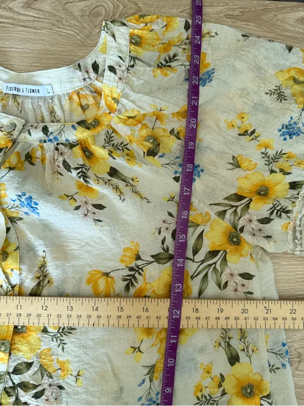 Fig & Flower Large Yellow Floral Sheer Button Up Blouse Puff Sleeve Relaxed Boho - Image 5