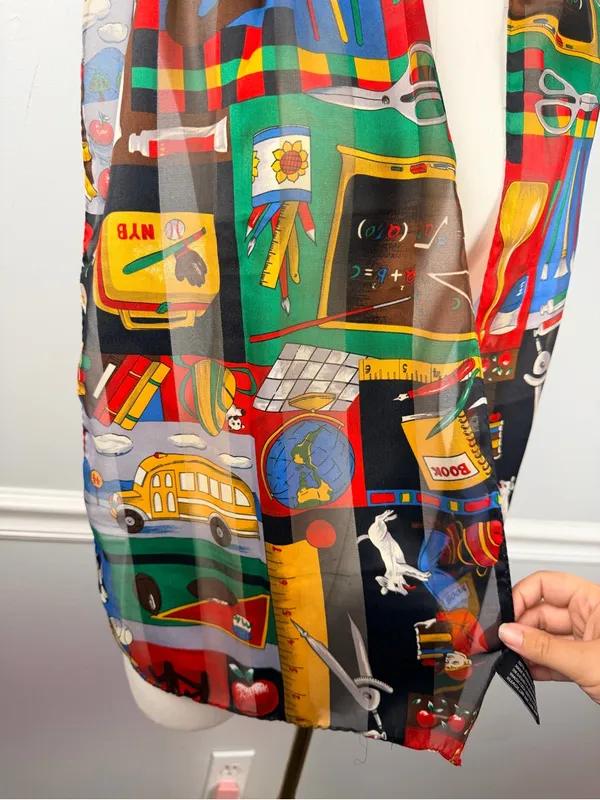 Vintage polyester scarf school teacher themed with school bus, lunch box, etc - Image 3