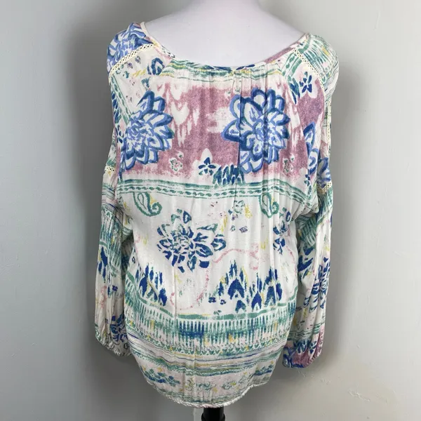 O'Neill Pastel Watercolor Floral Tie Front Boho Scoop Neck Peasant Blouse XL - Image 5