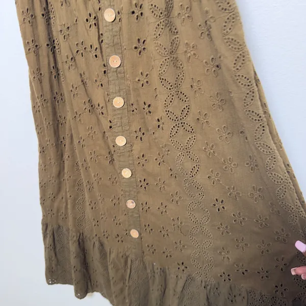 VTG Women Eyelet Maxi Dress XL Green Cotton Button Front Goblin Cottagecore Boho - Image 5