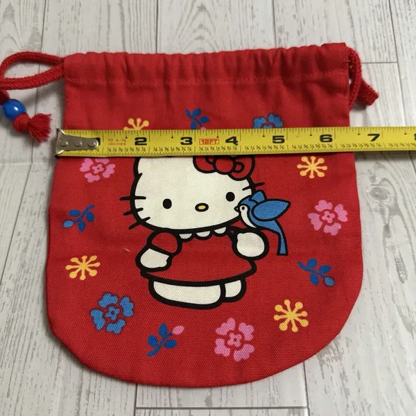 Hello‎ Kitty 2002 Vintage Red Drawstring Bag With Blue Birds Pouch Makeup Change - Image 8