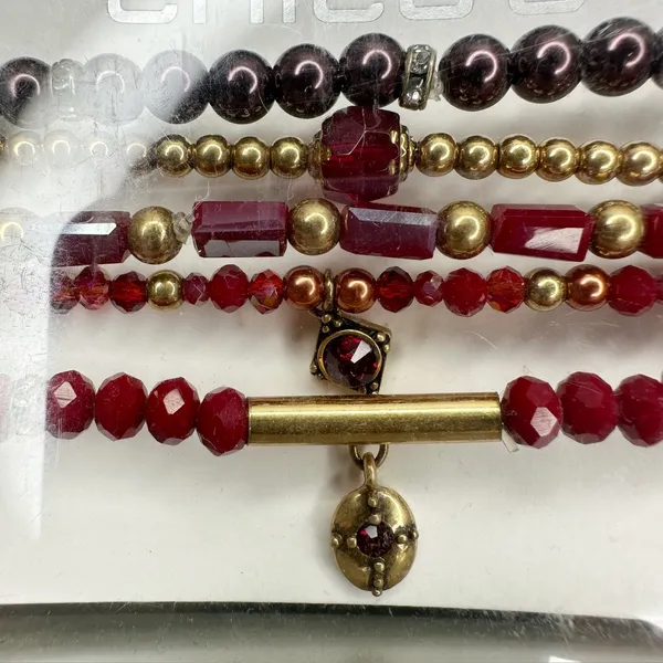 Chico's Gold Tone Stretch Bracelet Set of 5 Red Burgundy ✨ - Image 11