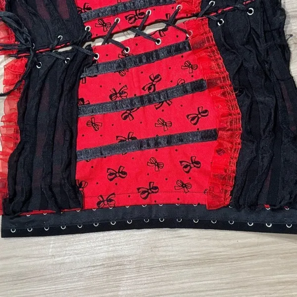 Red Black Glitter Bow Lace Up Corset Top Women’s Medium - Image 5