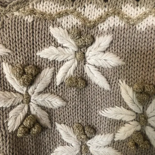 Vintage 90s Tan Floral Embroider Knit Gold poms Cottagecore Grandmacore Sweater - Image 13