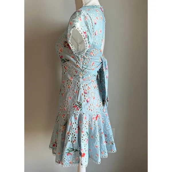Aijek Revolve Eyelet Blue Floral Peplum Preppy Mini Skater Dress Size Small - Image 3