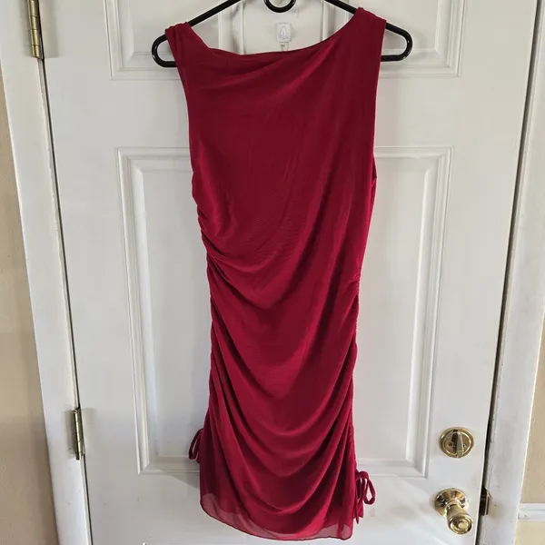 Princess Polly Red Ruched Bodycon Mini Dress Size US 8 Lined Cinch Sides Stretc - Image 6