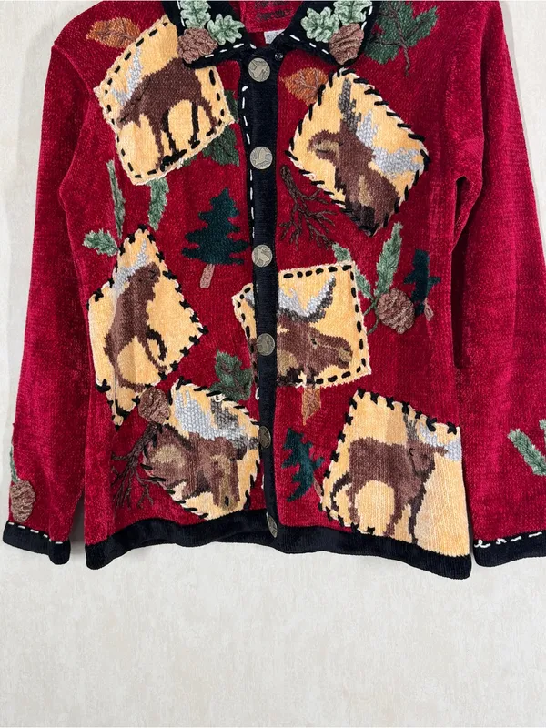 Sweater Sweater Women’s Whimsical Wildlife Patches Knit Cardigan in Red S - Image 3
