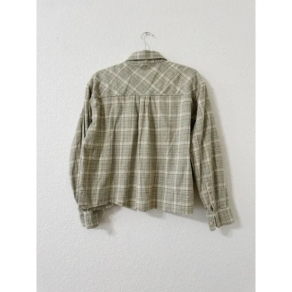 Wilfred Free Plaid Cropped Button Front Shirt Jacket Shacket Green Cream - Image 2