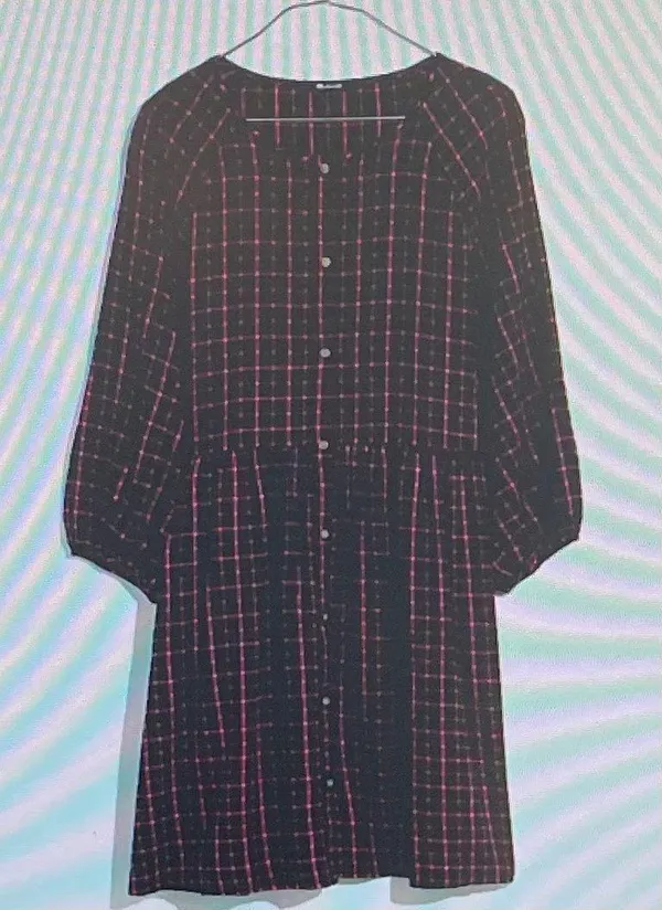 Madewell Plaid Flannel Pink Black Raglan Button Front Shirt Dress with Pockets, size 0 - Image 5