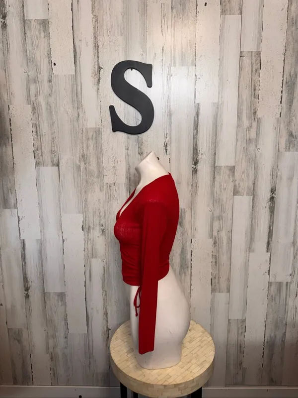 Windsor Red Ribbed Surplice Wrap Top Womens Small Ruched Tie Sides Long Sleeve - Image 6