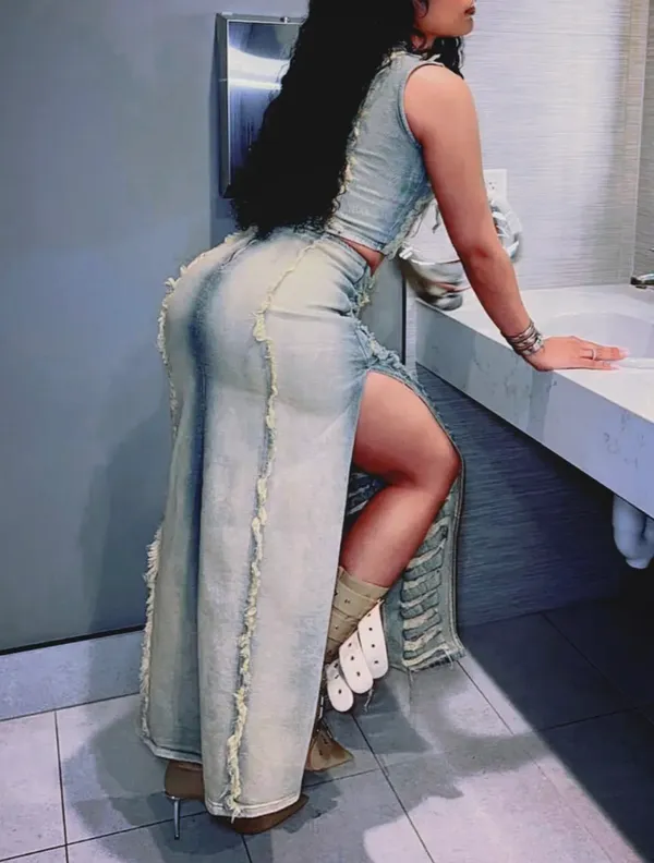 Fashionable Denim Ripped Vest Slit Skirt Two-Piece Set - Image 3