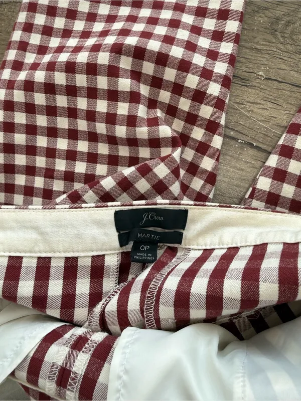 J‎ CREW MARTIE PANTS IN MAHOGANY IVORY GINGHAM SIZE 0p - Image 3