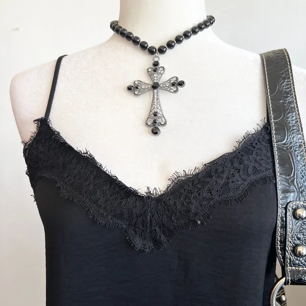 Black Lace Trim‎ Cami Top, Y2K, Coquette, Grunge, Romantic, Sleeveless, XS - Image 2