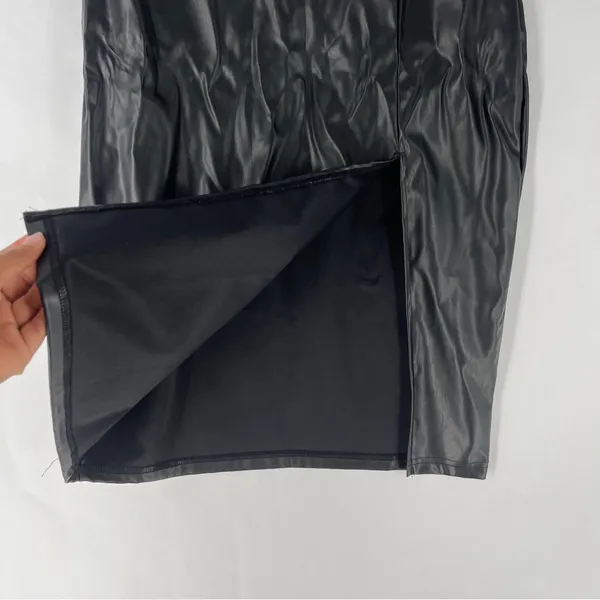 Shein Elegant Black Faux Leather High‎ Rise Front Skit Women's Midi Pencil Skirt - Image 2