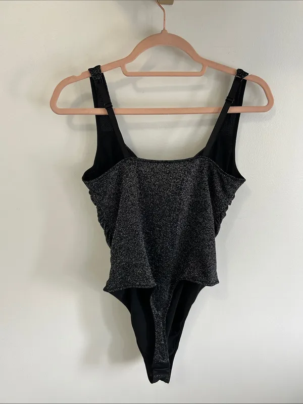 Popilush Ruched Metallic Knit Square Neck Slimming Bodysuit - Image 5