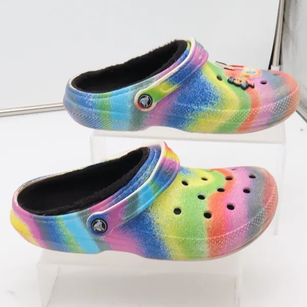Crocs Clogs Womens 9 Classic Lined Rainbow Spray Paint Multi Faux Fur Excellent - Image 2