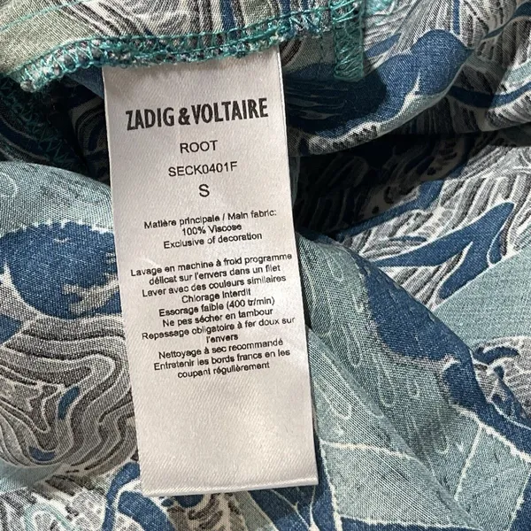 Zadig & Voltaire Small Asymmetrical Dress Sleeveless Deep V-Neck Teal Abstract - Image 8