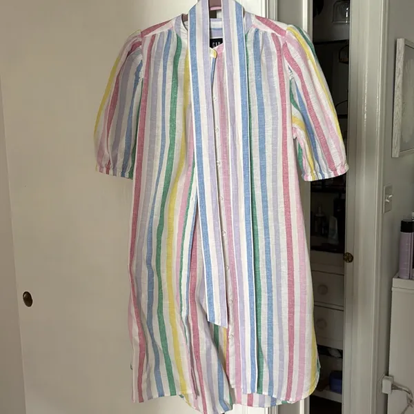 GAP Linen Blend Rainbow Stripe Puff Sleeve Dress S - Image 3