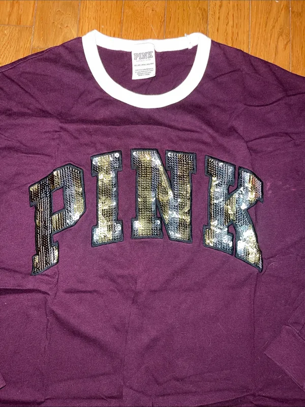 PINK Victoria's Secret Plum Long Sleeve Tee with Navy Panels and Sequin Logo - Image 2