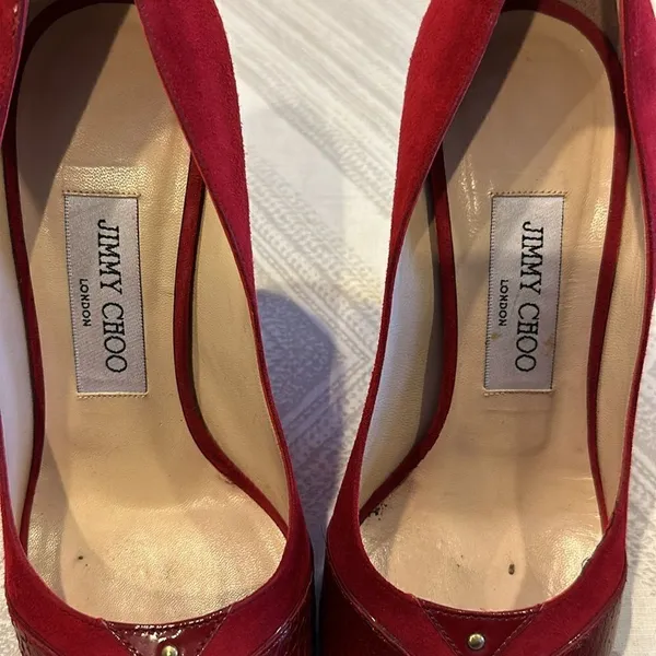 Jimmy Choo Rocky Red Suede Peep-Toe Pumps for Women – Size 37.5 - Image 3