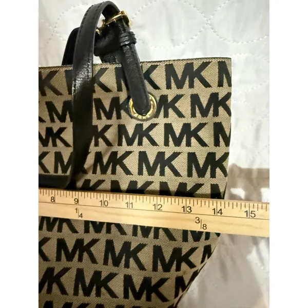 Michael Kors MK Signature Monogram Jacquard Tote Bag Black Tan Gold Hardware - Image 5